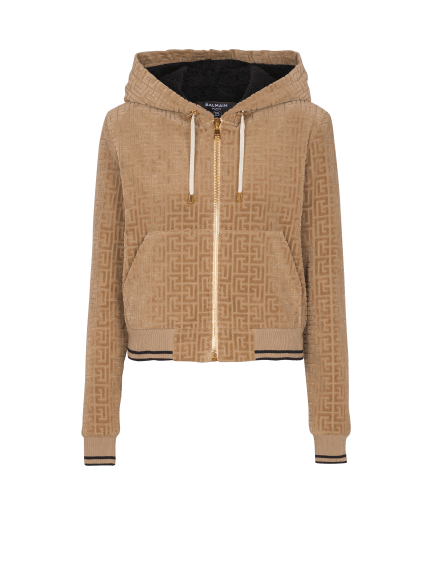 Giacca con cappuccio in velluto monogramma PB labirinto