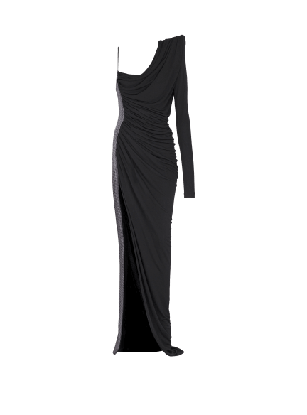Robe bi-matière asymétrique et drapée 