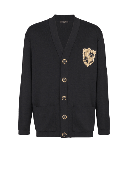 Knit cardigan with embroidered patch