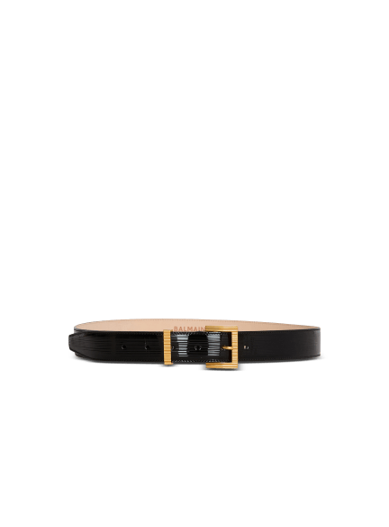 Perfume belt in striped patent leather