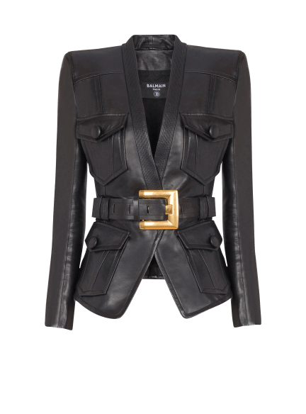 1-button belted leather jacket