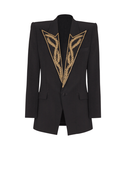 1-button jacket with embroidered collar